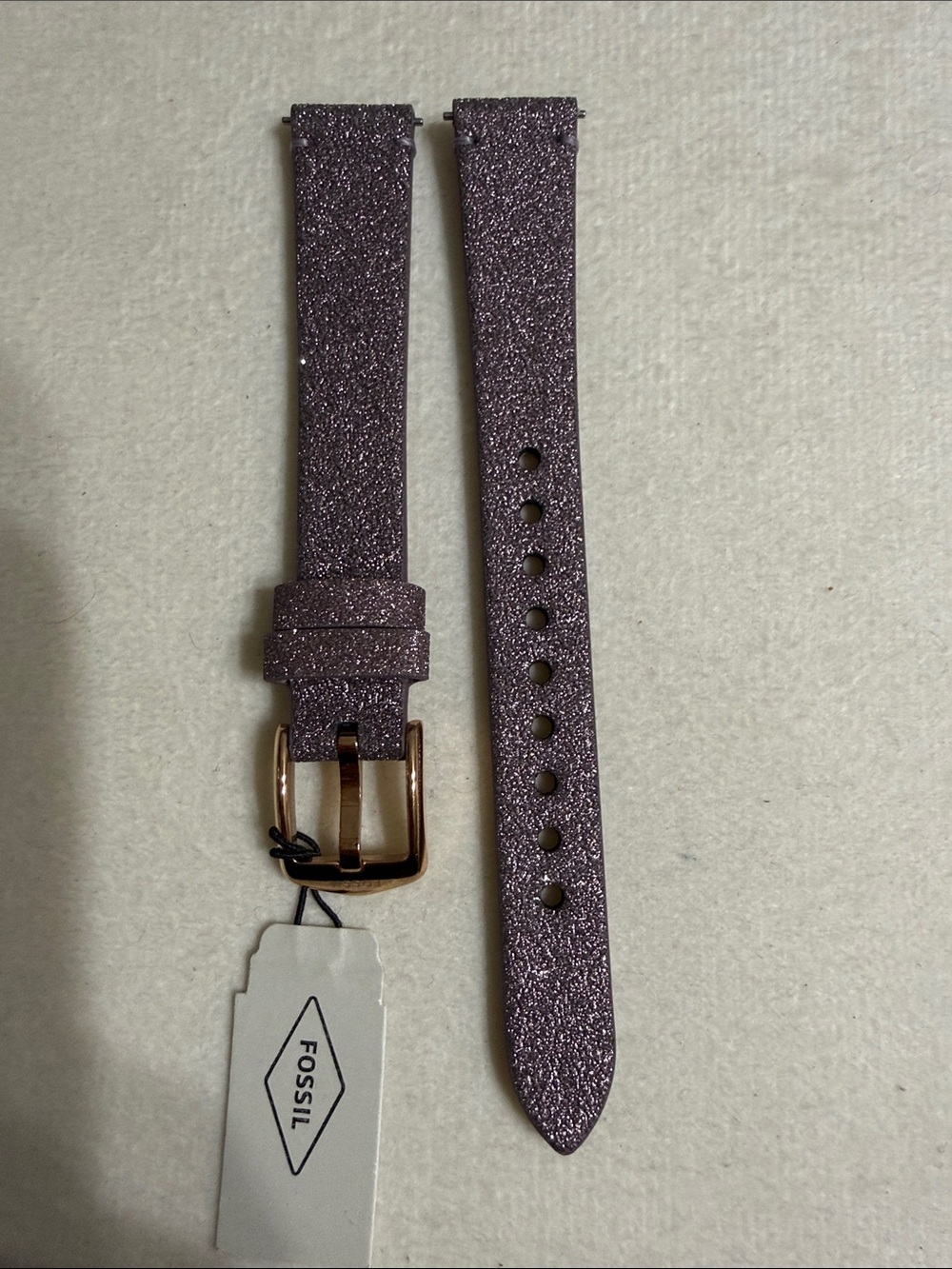 14mm Fossil Glittery Purple Leather Watch Strap with Rose Gold Buckle